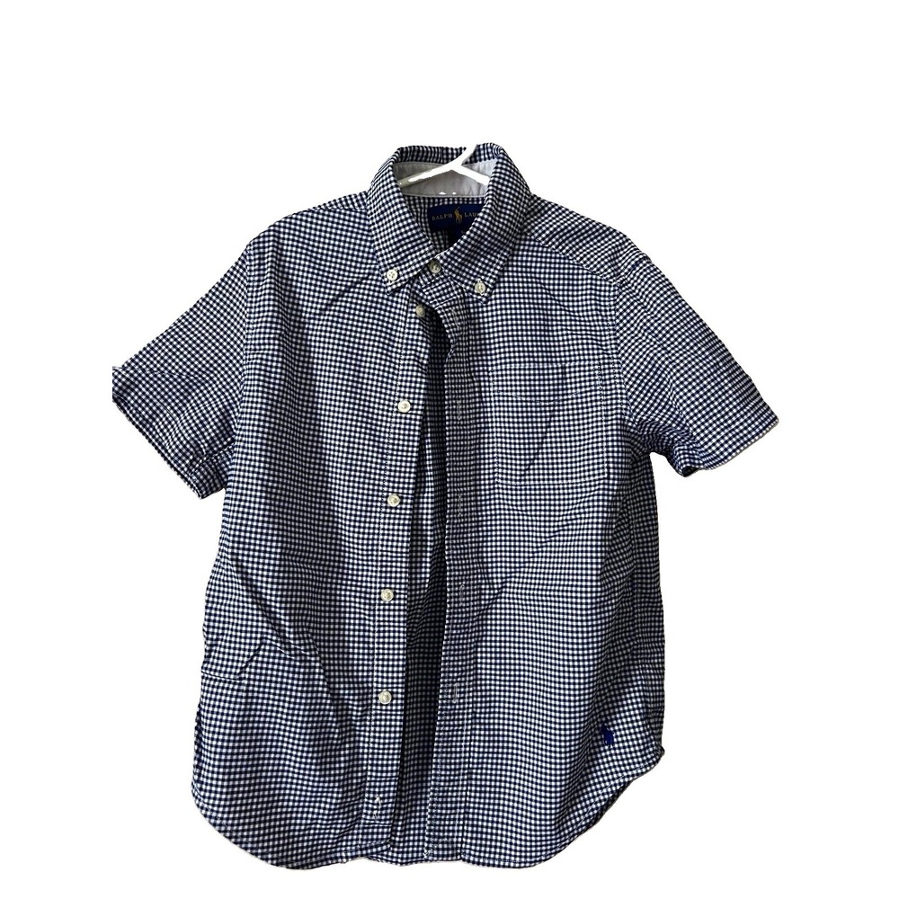 Ralph Lauren Boys Size 6 Blue/White Gingham Short Sleeve Logo Button-Up